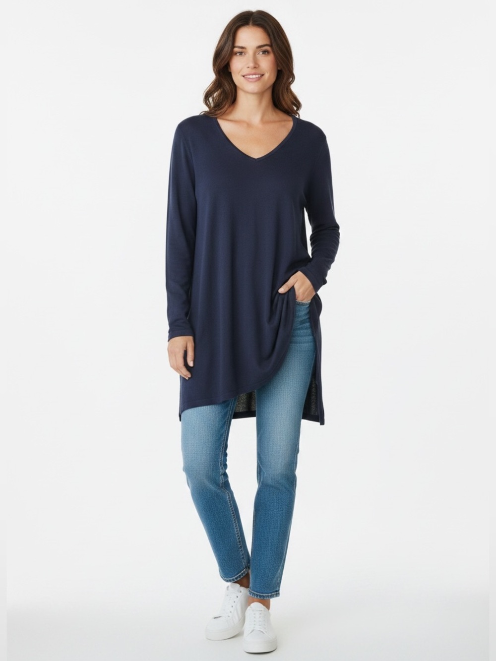 Peruvian Connection Blue Tunic Top Long Sleeve Knit V-Neck Size XXL Minimalist